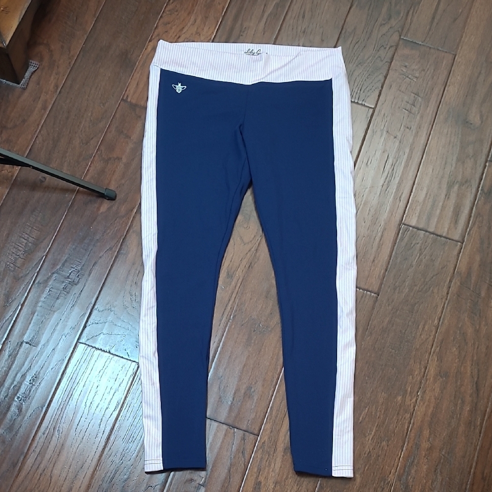 Lily Grace Navy Blue Leggings with Pink & White Stripe Detail size XL